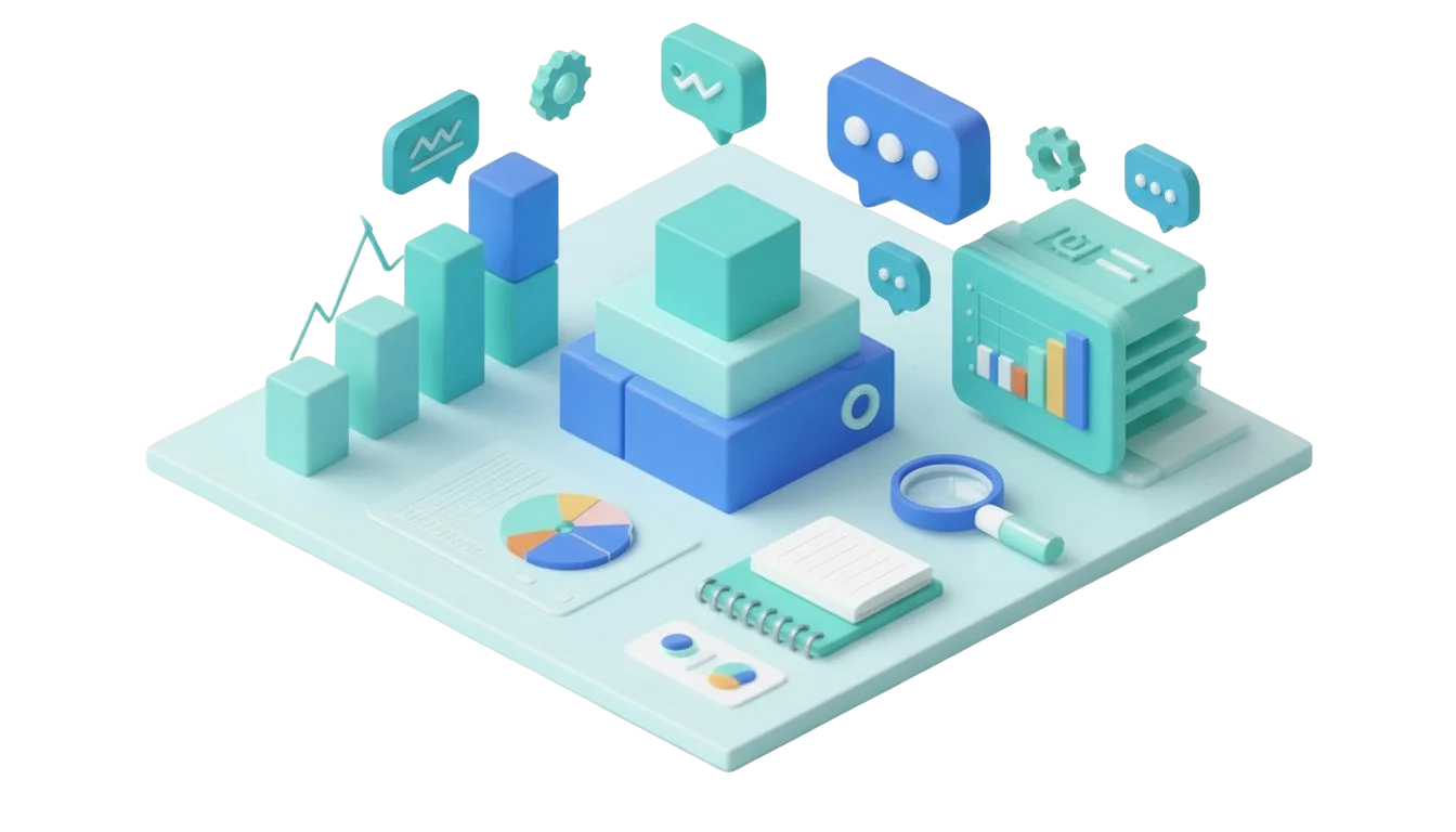 3D-Darstellung von Datenanalyse-Elementen mit Diagrammen, Icons, Lupe und Notizbuch auf einer Plattform.
