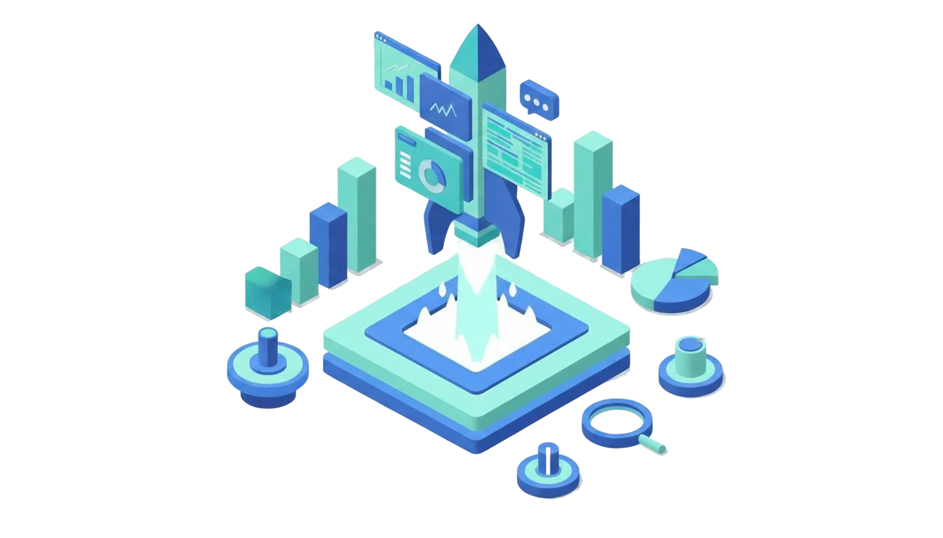 Isometrisches Raumschiff startet von einer Plattform, umgeben von Datenvisualisierungen, Diagrammen und SEO-Icons.