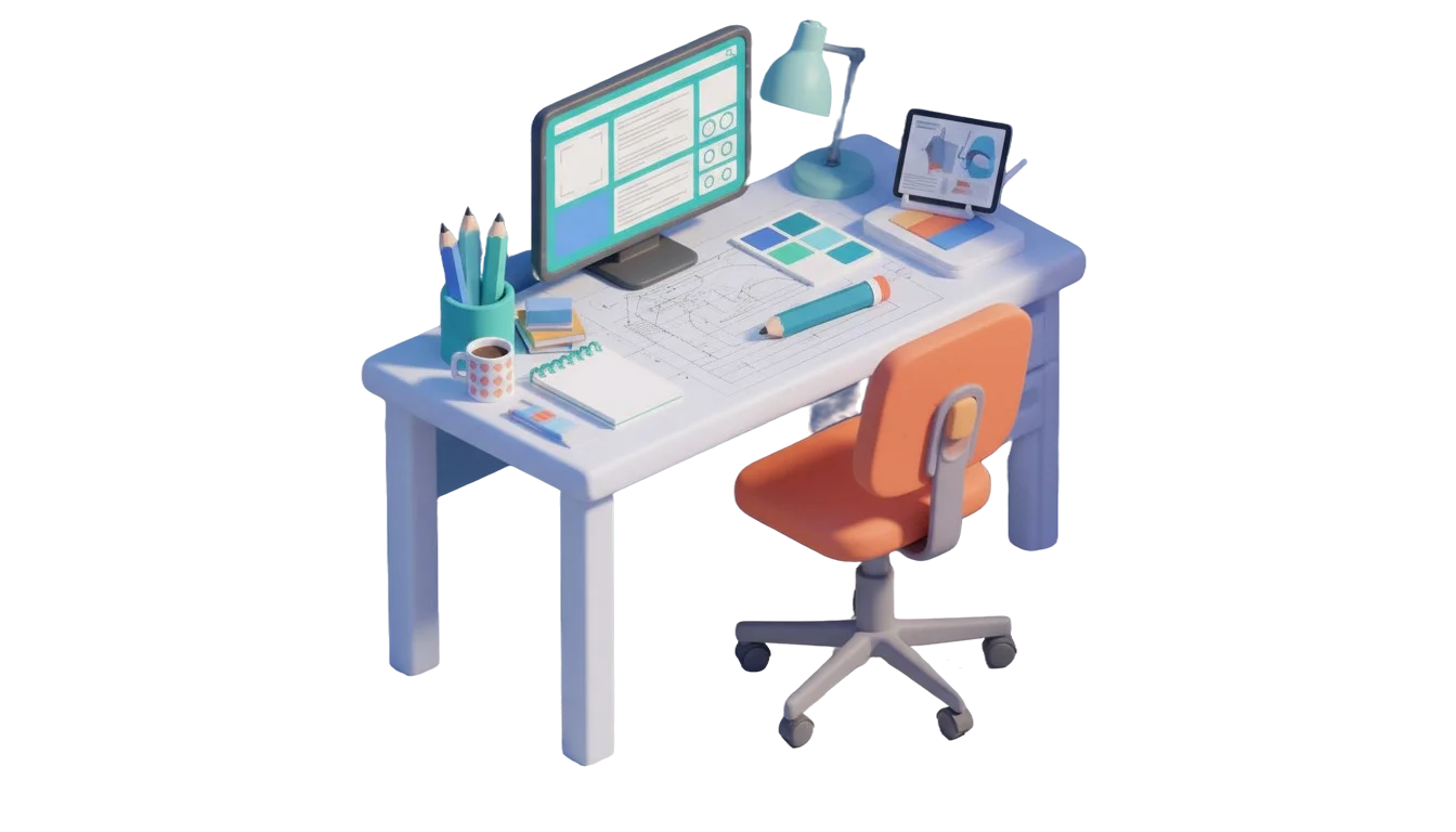 Schreibtisch mit Monitor, Tablet, Lampe, orangefarbenem Stuhl, Stifthalter, Notizbuch und Design-Tools.