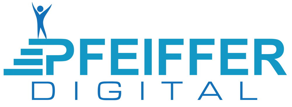 Blaues Logo mit "PFEIFFER DIGITAL", einer Person auf Stufen und dem Text "PFEIFFER DIGITAL".